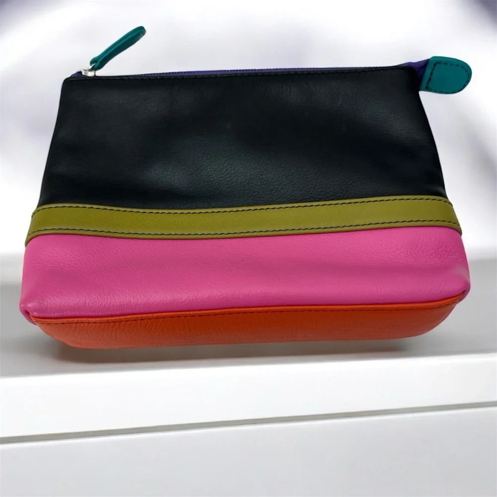 Leather  Black and Pink Cosmetic Bag with Olive Accent